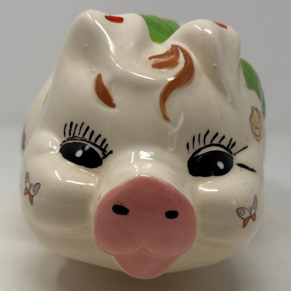 Piggy Bank Decorated with Hand‎ Painted Pictures Butterflies, Lambs Green Ribbon